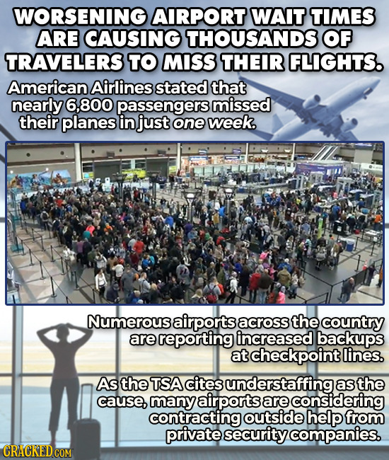 WORSENING AIRPORT WAIT TIMES ARE CAUSING THOUSANDS OF TRAVELERS TO MISS THEIR FLIGHTS. American Airlines stated that nearly 6.800 passengers missed th
