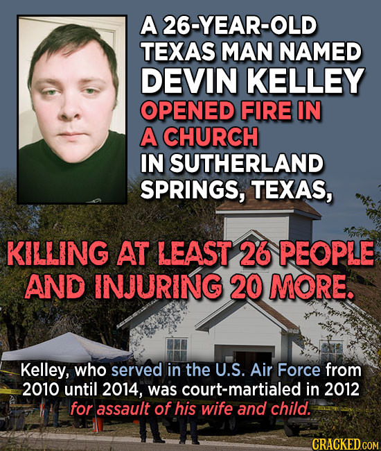 A 26-YEAR-OLD TEXAS MAN NAMED DEVIN KELLEY OPENED FIRE IN A CHURCH IN SUTHERLAND SPRINGS, TEXAS, KILLING AT LEAST 26 PEOPLE AND INJURING 20 MORE. Kell