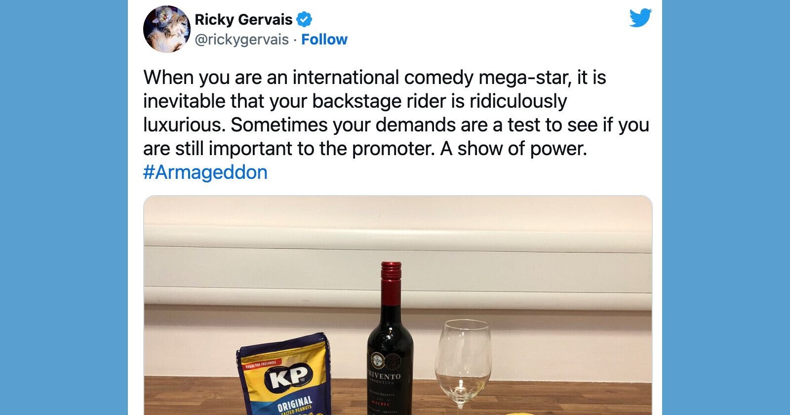 Ricky Gervais’ Contract Rider Shows What Superstardom Tastes Like
