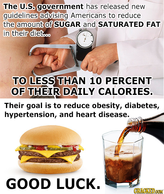 The U.S. government has released new guidelines advising Americans to reduce the amount of SUGAR and SATURATED FAT in their diet.o. TO LESS THAN 10 PE