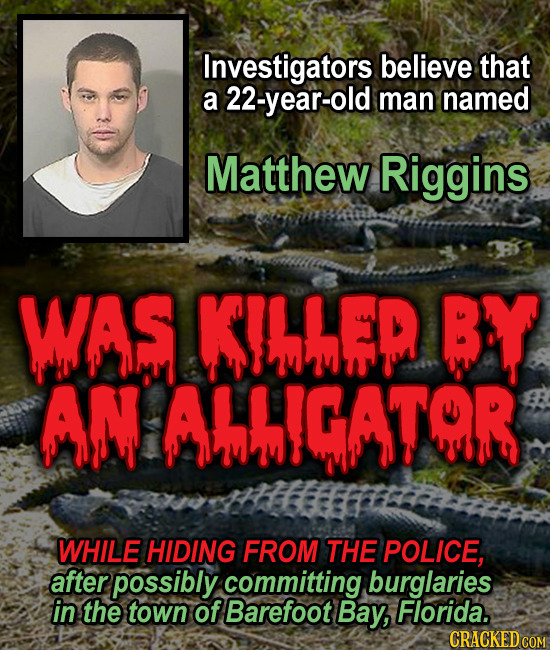 Investigators believe that a 22-year-old man named Matthew Riggins WAS KIMFP BY AN AhIGATOR WHILE HIDING FROM THE POLICE, after possibly committing bu