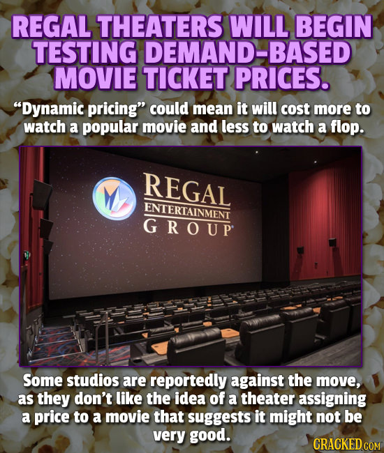 REGAL THEATERS WILL BEGIN TESTING DEMAND-BASED MOVIE TICKET PRICES. Dynamic pricing could mean it will cost more to watch a popular movie and less t