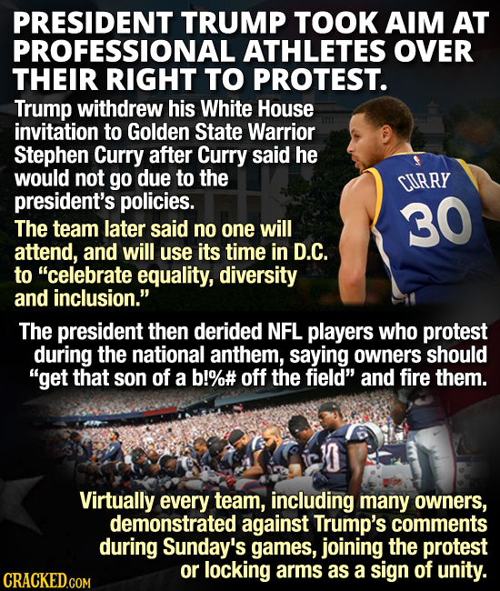 PRESIDENT TRUMP TOOK AIM AT PROFESSIONAL ATHLETES OVER THEIR RIGHT TO PROTEST. Trump withdrew his White House invitation to Golden State Warrior Steph