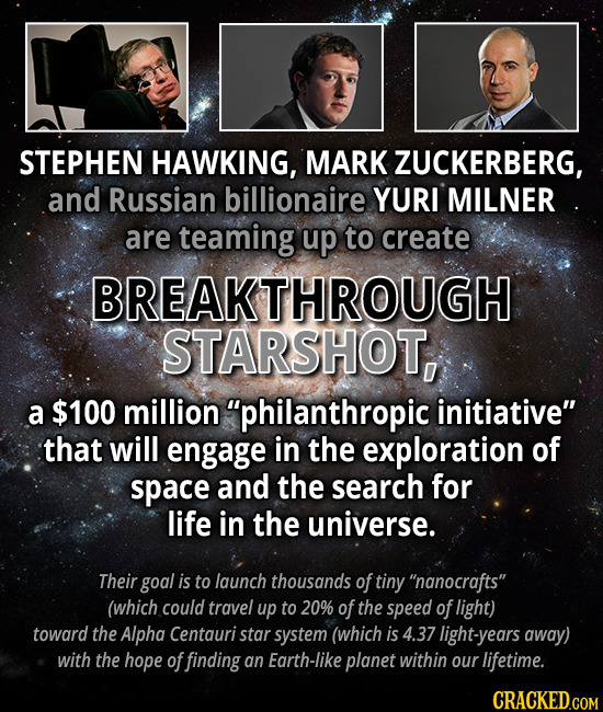 STEPHEN HAWKING, MARK ZUCKERBERG, and Russian billionaire YURI MILNER are teaming up to create BREAKTHROUGH STARSHOT, a $100 million philanthropic in