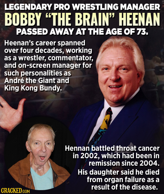 LEGENDARY PRO WRESTLING MANAGER BOBBY THE BRAIN HEENAN PASSED AWAY AT THE AGE OF 73. Heenan's career spanned over four decades, working as a wrestle