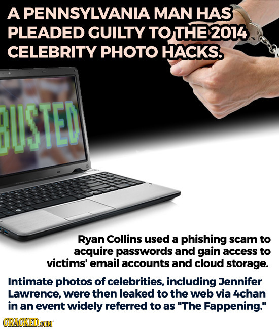 A PENNSYLVANIA MAN HAS PLEADED GUILTY TO THE 2014 CELEBRITY PHOTO HACKS. USTED Ryan Collins used a phishing scam to acquire passwords and gain access 