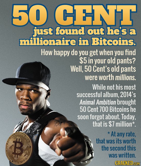 50 CENT just found out he's a millionaire in Bitcoins. How happy do you get when you find $5 in your old pants? Well, 50 Cent's old pants were worth m