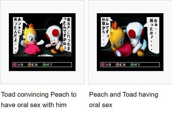 8 Mario Bros. Moments Nintendo Doesn't Want You To See - a scene from the Super Nintendo Satellaview peripheral depicting Peach and Toad having oral sex