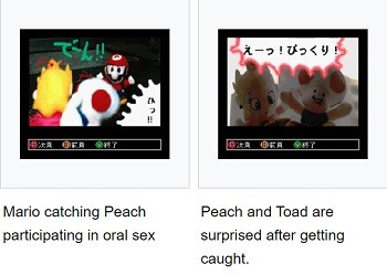 8 Mario Bros. Moments Nintendo Doesn't Want You To See - a scene from the Super Nintendo Satellaview peripheral depicting Peach and Toad having oral sex