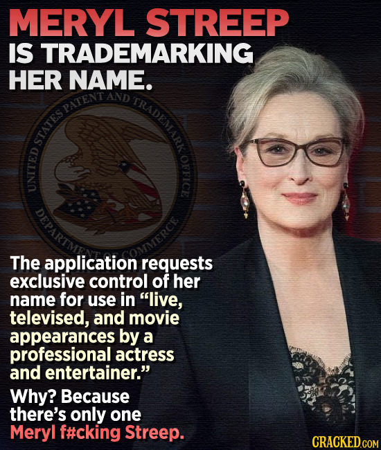 MERYL STREEP IS TRADEMARKING HER NAME. AND TRADEMARK PATENT STATES OFFICE The application OMMERCE requests exclusive control of her name for use in l