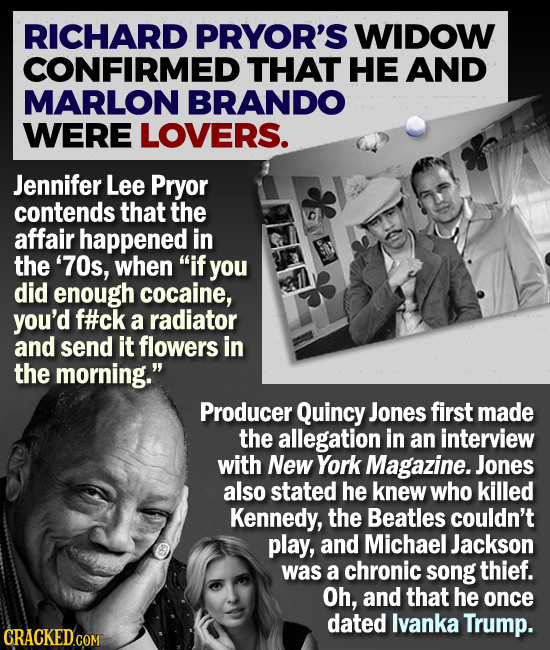RICHARD PRYOR'S WIDOW CONFIRMED' THAT HE AND MARLON BRANDO WERE LOVERS. Jennifer Lee Pryor contends that the affair happened in the '70s, when if you