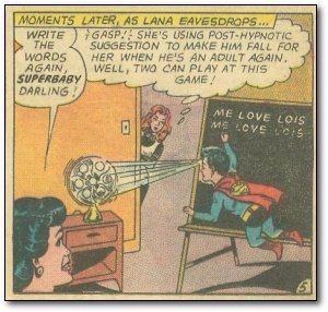 MOMENTS LATER AS LANA EAVESDROPS... WRITE GASPI! SHE'S LISING POST-HYPNOTIC THE SUGGESTION TO MAKE HIM FALL FOR WORDS HER WHEN HEIS AN ADULT AGAIN. AG