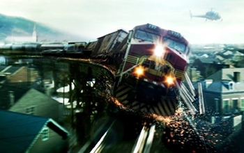 A train sliding off of a bridge