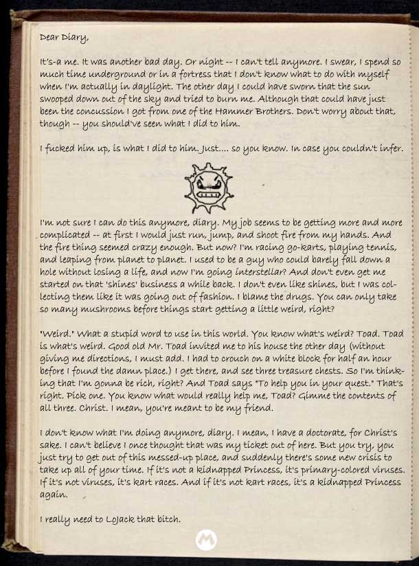 Dear Diary, It's-a me. It was another bad day. Or night- can't tell anymore. swear, spend so much time underground or in fortress that dont know what 