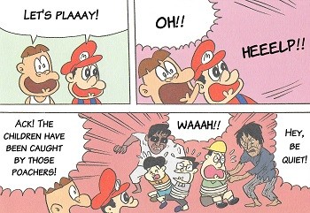 8 Mario Bros. Moments Nintendo Doesn't Want You To See - an old Nintendo comic depicting Mario and Diddy Kong harassing children