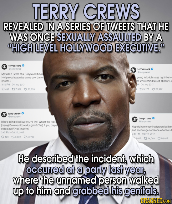 TERRY CREWS REVEALED IN A SERIES OF TWEETS THAT HE WAS ONCE SEXUALLY ASSAULTED BY A HIGH LEVEL HOLLYWOOD EXECUTIVE. terrycrevs terrycrews terrycrows