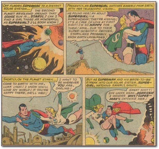 Of FLASHES SUPERMAN TO A DISTANT PRESENTLY. AS SUPERGIRL WATCHE EAGERLY FROM EARTH SOLAR SYSTEMS WITH HER TELESCOPIC VISION THE SECOND PLANET REVOLVIN