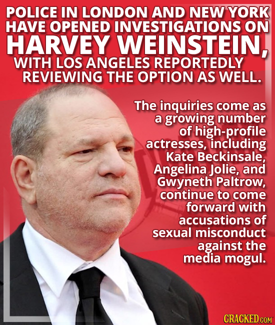 POLICE IN LONDON AND NEW YORK HAVE OPENED INVESTIGATIONS ON HARVEY WEINSTEIN, WITH LOS ANGELES REPORTEDLY REVIEWING THE OPTION AS WELL. The inquiries 