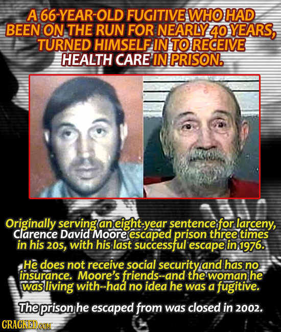 A 66-YEAR-OLD FUGITIVE WHO HAD BEEN ON THE RUN FOR NEARLY 40 YEARS, TURNED HIMSELF IN TO RECEIVE HEALTH CARE IN PRISON. Originally serving an eight- y