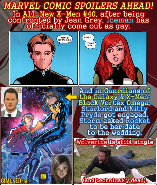 MARVEL COMIC SPOILERS AHEAD! In A1l-New X-Men #40. after being confronted bY Jean Grey, Iceman has officially come out as gay. WHAT'S BOBBY... HAPPENI