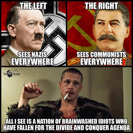 THE LEFT THE RIGHT SEES NAZIS SEES COMMUNISTS EVERYWHERE EVERYWHERE The Free Thought ALL I SEE IS A NATION OF BRAINWASHED IDIOTS WHO HAVE FALLEN FOR T