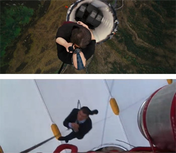 Bane and Bond suspended from planes