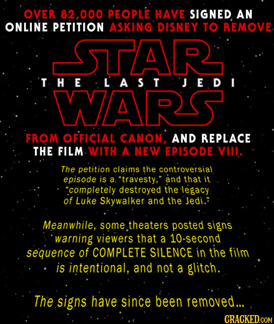 OVER 82.000 PEOPLE HAVE SIGNED AN ONLINE PETITION ASKING DISNEY TO REMOVE. STAR T. HE LAST JEDI WARS FROM OFFICIAL CANON, AND REPLACE THE FILM WITH A 