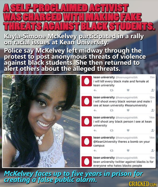 A SELF-PROCLAIMED ACTIVIST WASCHARCED WITH MAKING FAKE THREATS ACAINST BLACK STUDENTS. Simone McKelvey participated in a rally on racial issues at Kea