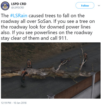 LSPD CRD Follow @LSPDCRD The #LSRain caused trees to fall on the roadway all over SoSan. If you see a tree on the roadway look for downed power lines