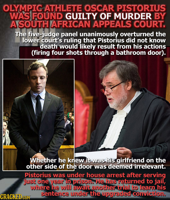 OLYMPIC ATHLETE OSCAR PISTORIUS WAS FOUND GUILTY OF MURDER BY A SOUTH AFRICAN APPEALS COURT. The five-judge panel unanimously overturned the lower cou