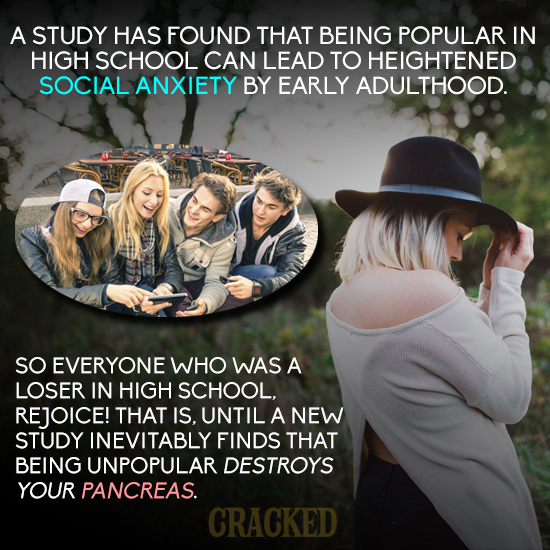 A STUDY HAS FOUND THAT BEING POPULAR IN HIGH SCHOOL CAN LEAD TO HEIGHTENED SOCIAL ANXIETY BY EARLY ADULTHOOD. SO EVERYONE WHO WAS A LOSER IN HIGH SCHO