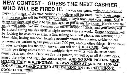 NEW CONTEST - GUESS THE NEXT CASHIER WHO WILL BE FIRED !!!. To win our game, write o a-piece_of. paper the name of the next cashier you believe will b