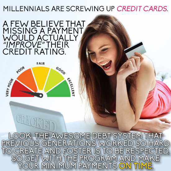 MILLENNIALS ARE SCREWING UP CREDIT CARDS. A FEW BELIEVE THAT MISSING A PAYMENT WOULD ACTUALLY IMPROVE THEIR CREDIT RATING. FAIR GOOD POOR EXCELLENT 