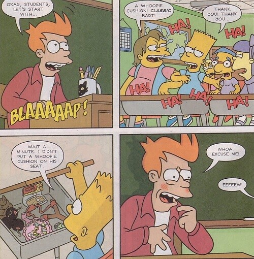 Fry from Futurama in Bart Simpson's class.