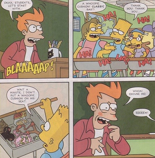 Fry from Futurama in Bart Simpson's classroom.