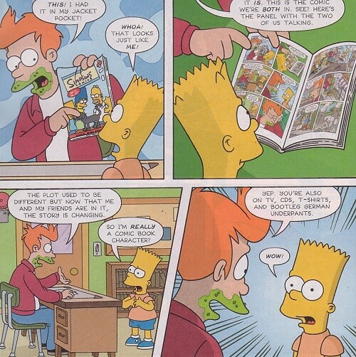 Fry from Futurama talks to Bart Simpson.