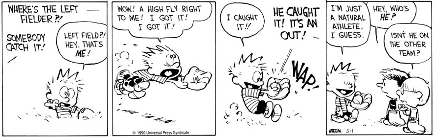 Calvin and Hobbes Calvin getting wrecked in baseball