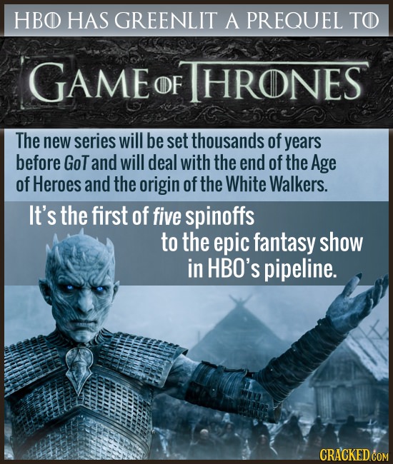 HBO HAS GREENLIT A PREQUEL TO GAME OF HRONES The new series will be set thousands of years before GoTand will deal with the end of the Age of Heroes a