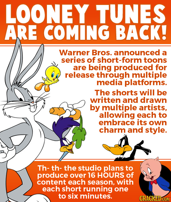 LOONEY TUNES ARE COMING BACK! Warner Bros. announced a series of short-form toons are being produced for release through multiple media platforms. The