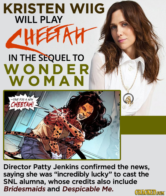 KRISTEN WIIG WILL PLAY 4HFETAT IN THE SEQUEL TO WONDER WOMAN --TIME FOR A NEW CHEETAH! Director Patty Jenkins confirmed the news, saying she was incr