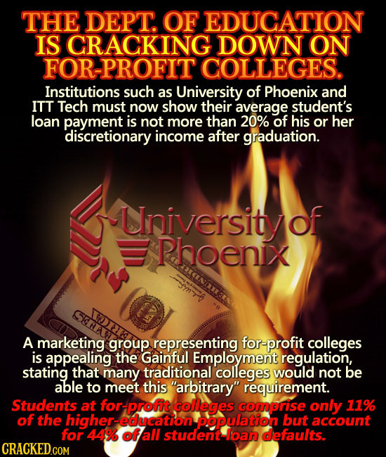 THE DEPT. OF EDUCATION IS CRACKING DOWN ON FOR-PROFIT COLLEGES. Institutions such as University of Phoenix and ITT Tech must now show their average st