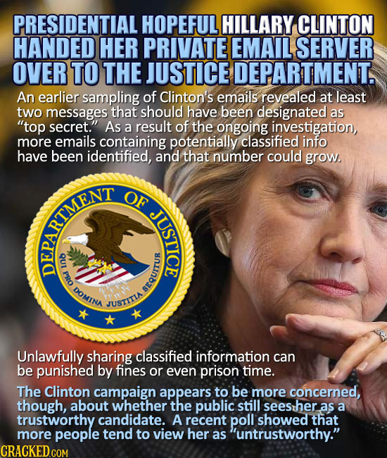 PRESIDENTIAL HOPEFUL HILLARY CLINTON HANDED HER PRIVATE EMAIL SERVER OVER TO THE JUSTICE DEPARTMENT, An earlier sampling of Clinton's emails revealed 