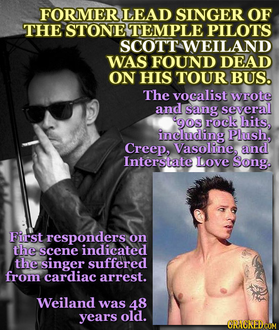 FORMER LEAD SINGER OF THE STONE TEMPLE PILOTS SCOTT WEILAND WAS FOUND DEAD ON HIS TOUR BUS. The vocalist wrote and sang several 9OS rock hits, includi