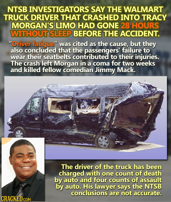NTSB INVESTIGATORS SAY THE WALMART TRUCK DRIVER THAT CRASHED INTO TRACY MORGAN'S LIMO HAD GONE 28 HOURS WITHOUT SLEEP BEFORE THE ACCIDENT. Driver fat