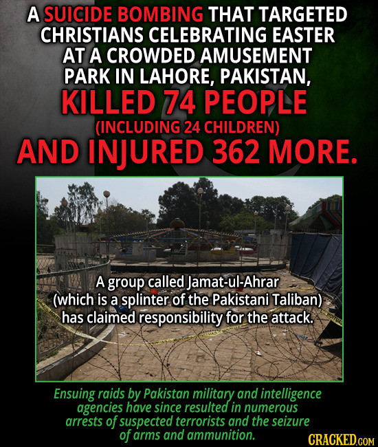 A SUICIDE BOMBING THAT TARGETED CHRISTIANS CELEBRATING EASTER AT A CROWDED AMUSEMENT PARK IN LAHORE, PAKISTAN, KILLED 74 PEOPLE (INCLUDING 24 CHILDREN