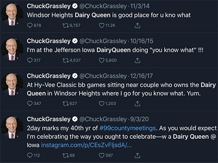 4 Lessons You Learn While Trapped In A Haunted House (For Work) - screenshots of Senator Chuck Grassley tweeting about Dairy Queen