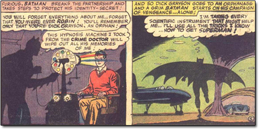 FURIOUS. BATMAN BREAKS THE PARTNERSHIP AND AND SO DICK GRAYSON GOES TO AN ORPHANAGG TAKES STEPS TO PROTECT HIS LONTITY- SECRET! AND A 6RIM BATMAN STAR