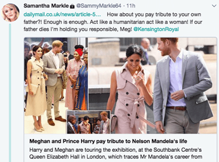 Samantha Markle SammyMarkle64. 11h dailymail.co.uk/news/article-5... How about you pay tribute to your own father?l Enough is enough. Act like a human