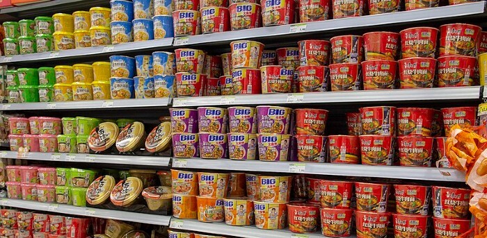 Instant noodles on a shelf