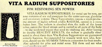 VITA RADIUM SUPPOSITORIES FOR RESTORING SEX POWER VI'TA RADIUM SUPPOSITORIES for toetalt use by men. af tafe feetners od te and erereizct foe the coti